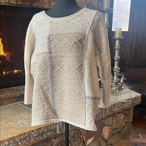 Women's Garnet Hill Cream and Blue Patchwork Sweater